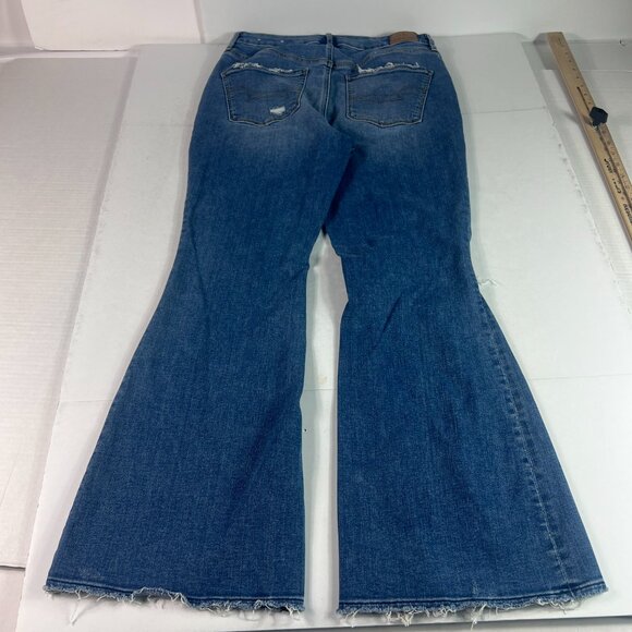 American Eagle Jean Women 30x27* Super High Rise Flare Blue Raw Hem Denim Tag 8S - Picture 10 of 16